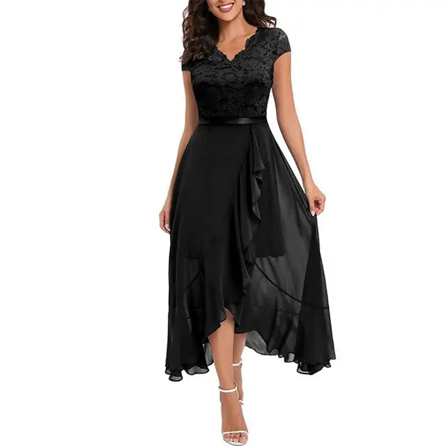 Women's Floral A-Line Party Dress with Lace Trim