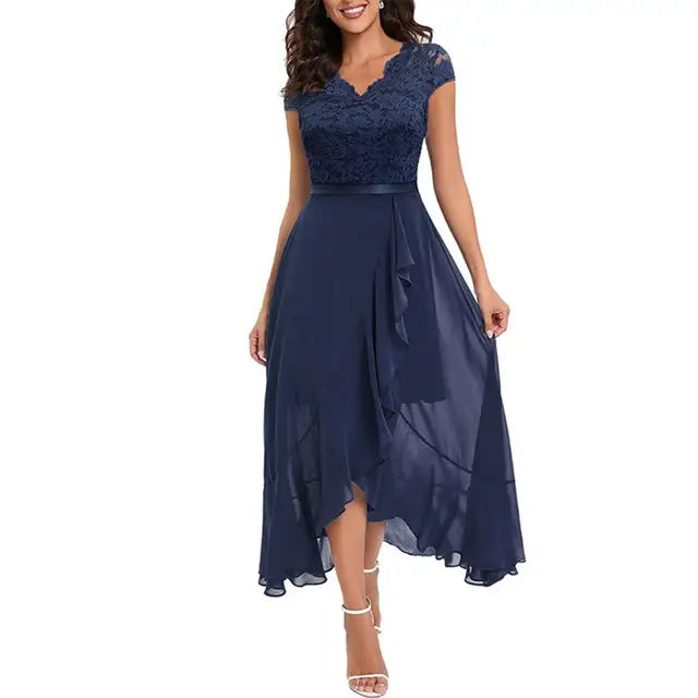 Women's Floral A-Line Party Dress with Lace Trim
