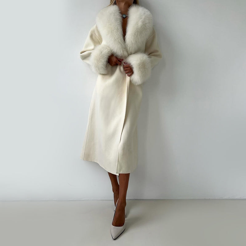 Luxury Wool Blend belted Coat with Fur Trim - Nocini
