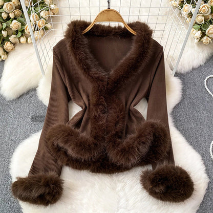 Fuzzy V Neck Short Sleeve Top