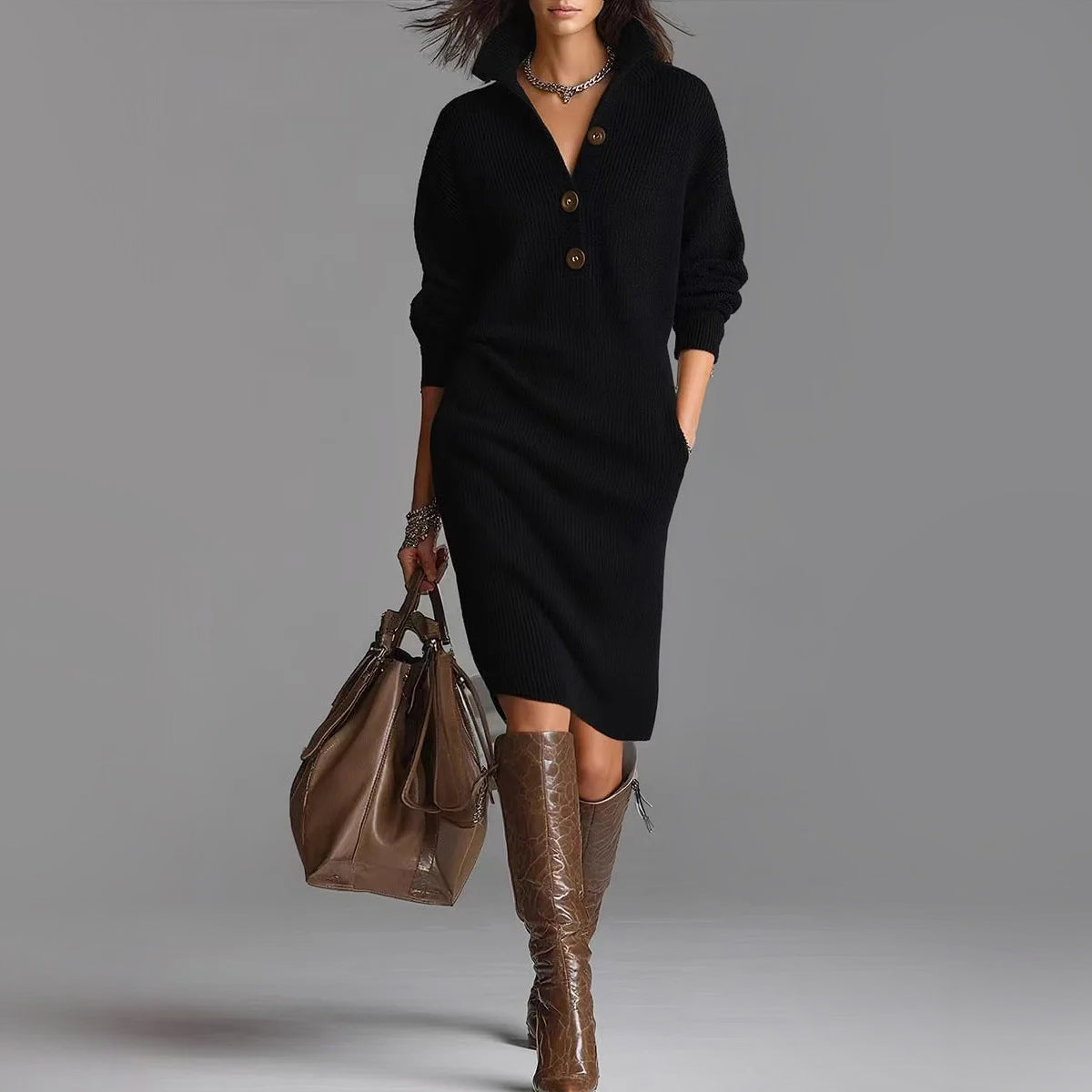 Comfy Crew Neck Knee Length Sweater Dress for Women