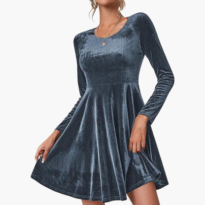 Ladies' Flared Dress with Long Sleeves and Crew Neck - Olytrend