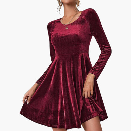 Ladies' Flared Dress with Long Sleeves and Crew Neck