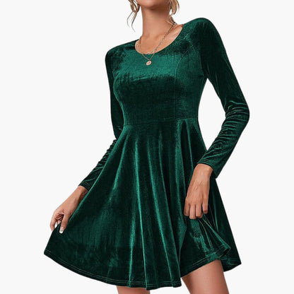 Ladies' Flared Dress with Long Sleeves and Crew Neck
