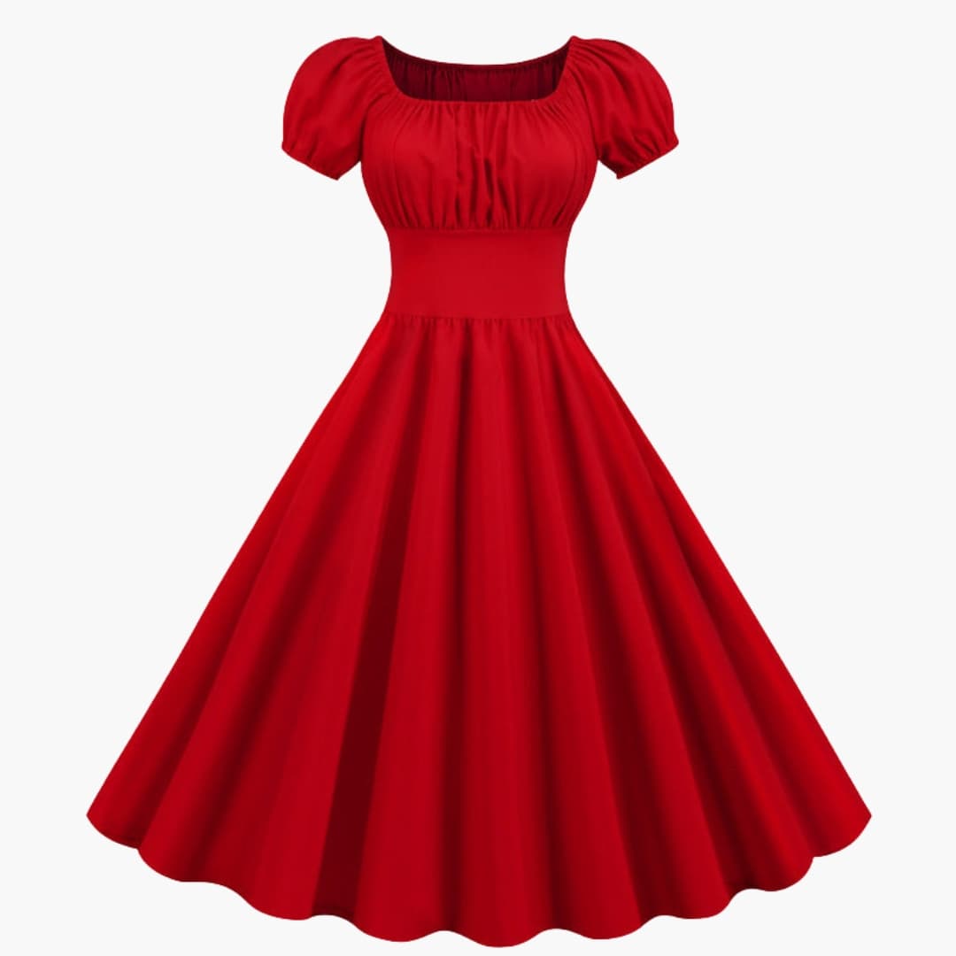 Flared Dress with Puffy Sleeves and Defined Waist