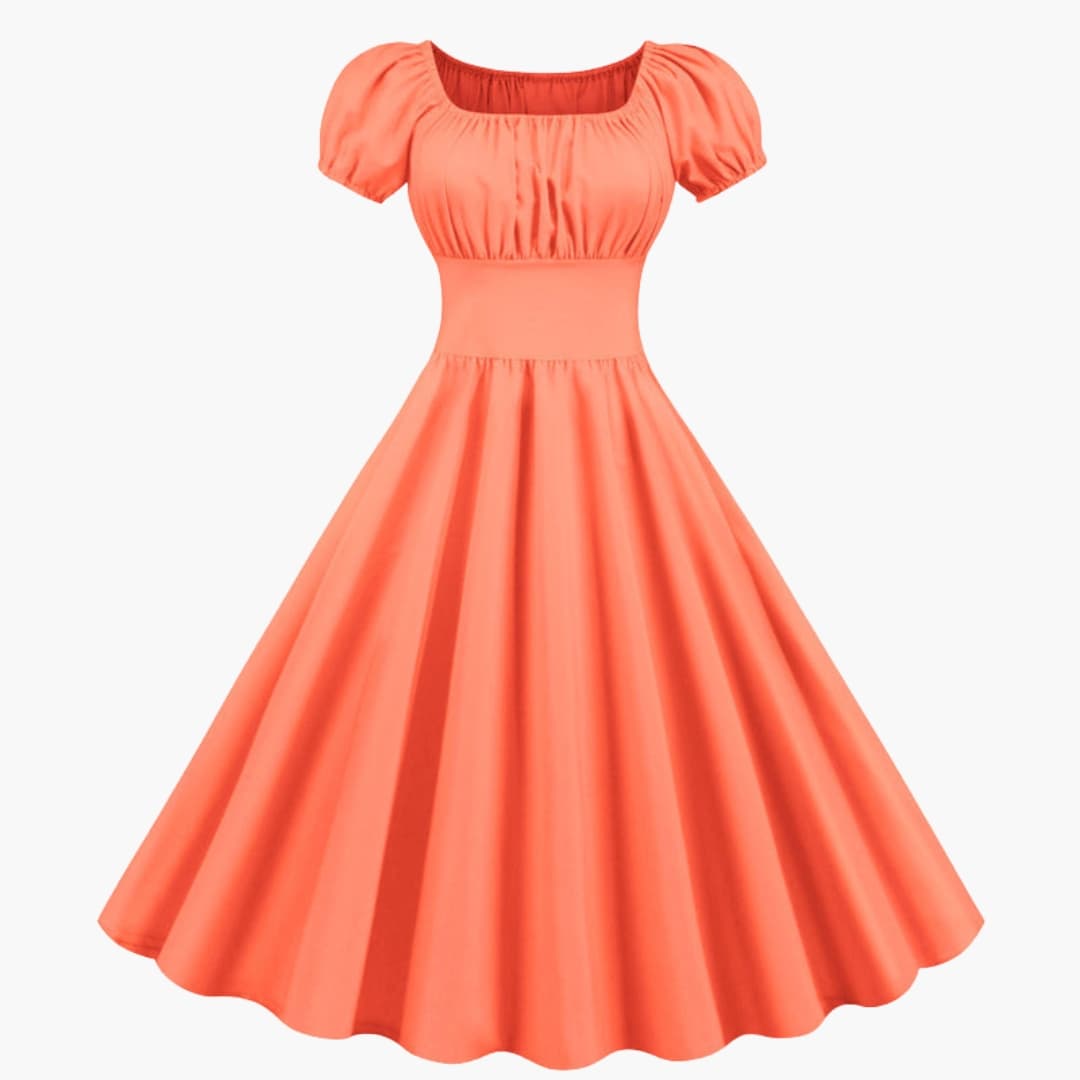 Flared Dress with Puffy Sleeves and Defined Waist