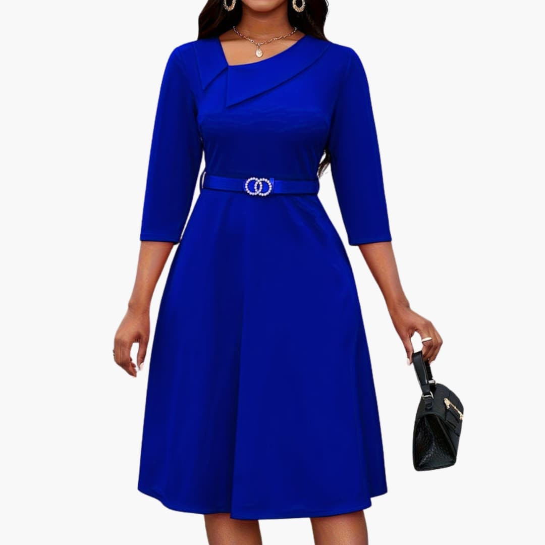 Ladies' Fit and Flare Midi Dress with Belt and Sleeves