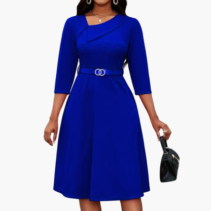 Ladies' Fit and Flare Midi Dress with Belt and Sleeves