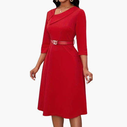 Ladies' Fit and Flare Midi Dress with Belt and Sleeves - Olytrend