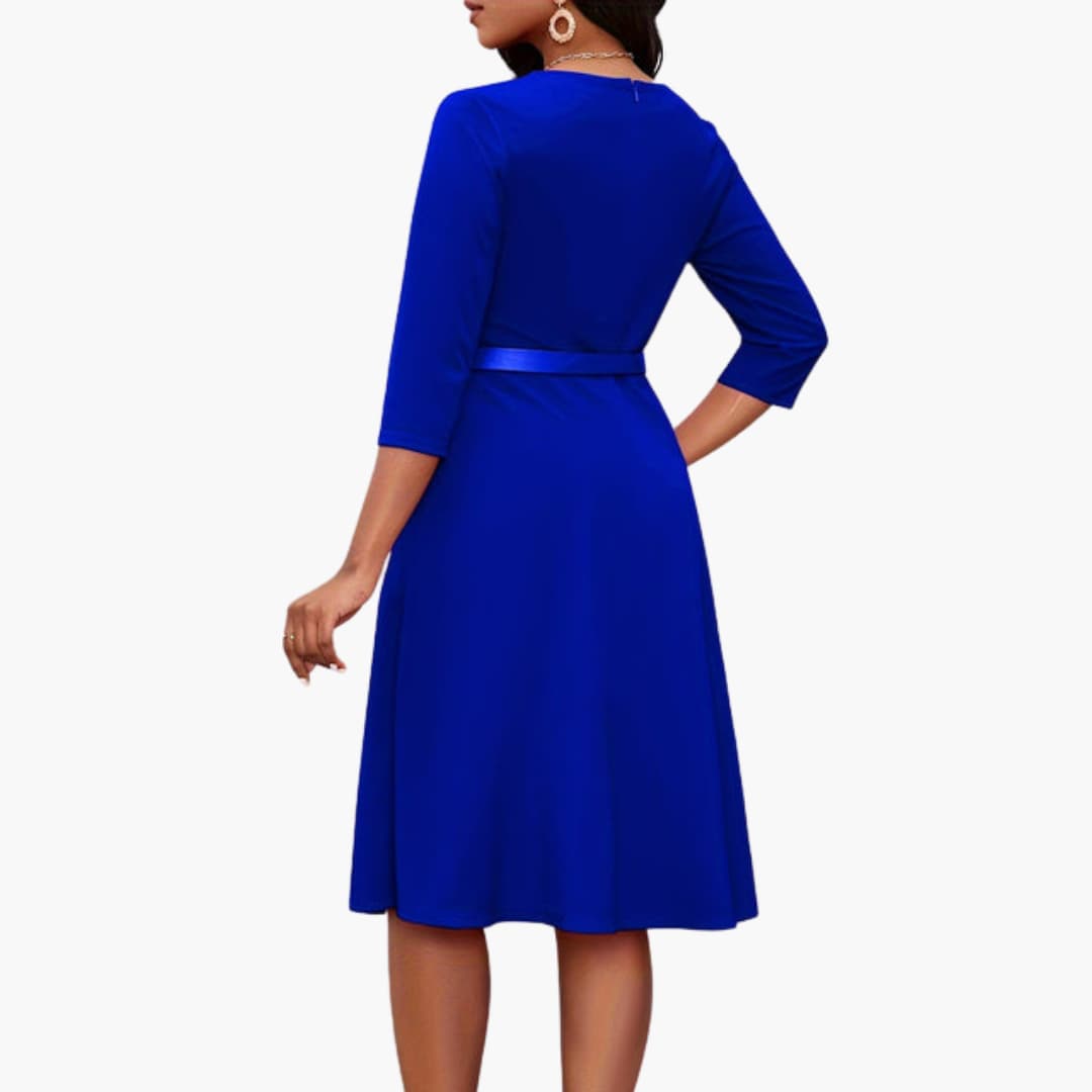 Ladies' Fit and Flare Midi Dress with Belt and Sleeves