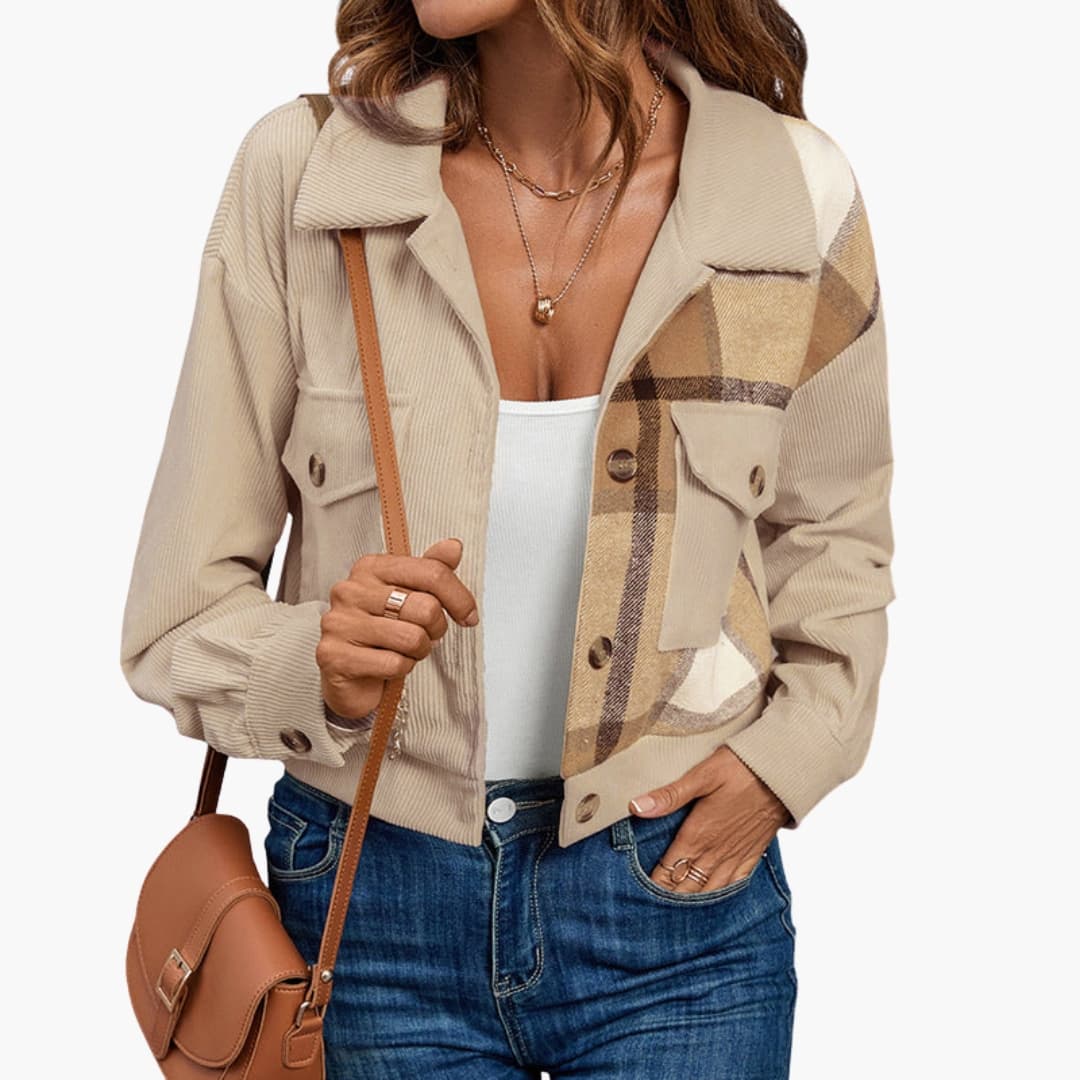 Ladies Classic Jacket with Button Front and Plaid Pattern - Olytrend