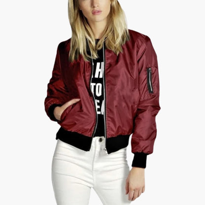 Ladies' Zip Front Bomber Jacket with Round Collar