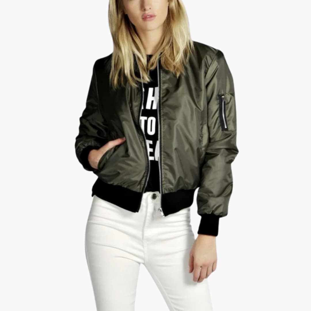 Ladies' Zip Front Bomber Jacket with Round Collar