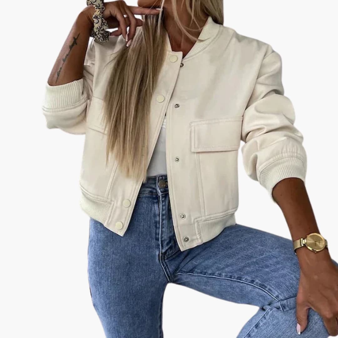 Ladies' Casual Zip Jacket with Round Collar and Fit Waist