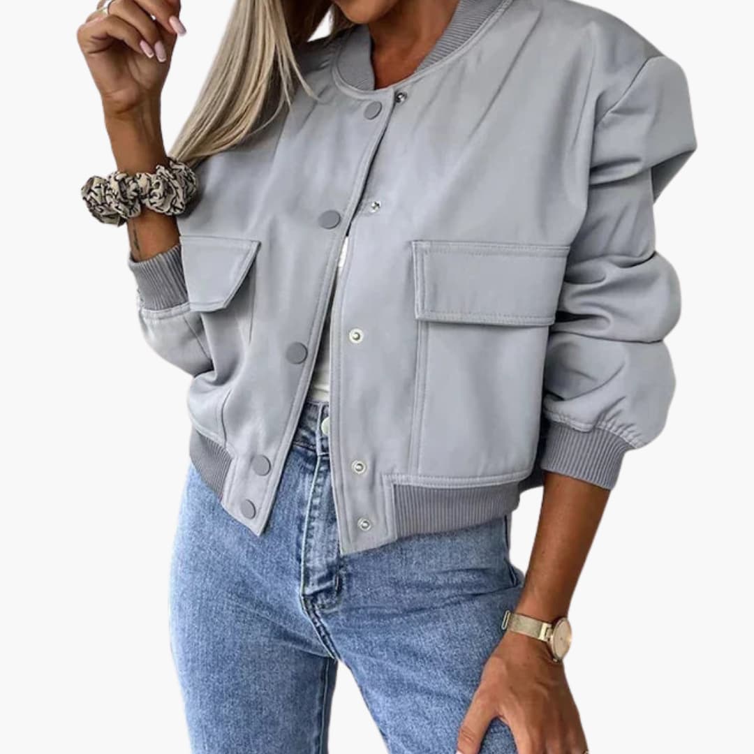Ladies' Casual Zip Jacket with Round Collar and Fit Waist
