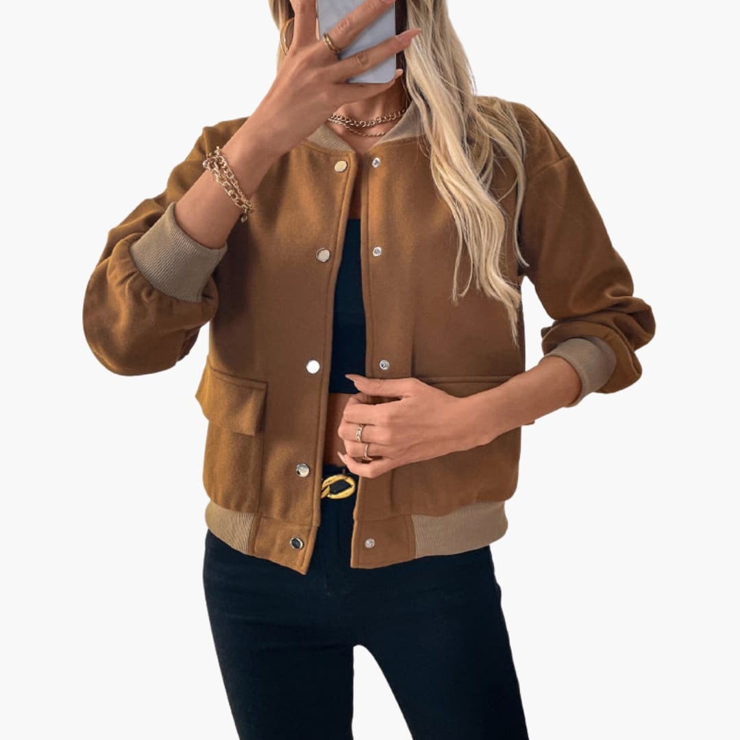 Ladies' Casual Snap Front Bomber Coat with Pockets - Olytrend