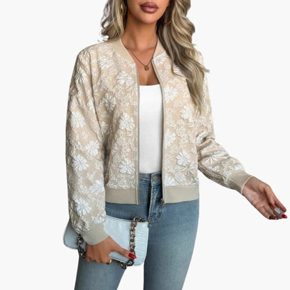 Ladies' Zip Up Floral Embroidered Bomber Jacket
