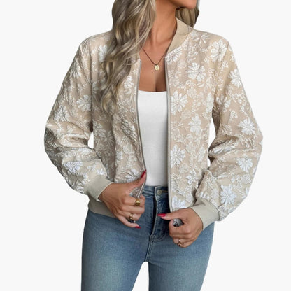 Ladies' Zip Up Floral Embroidered Bomber Jacket - Olytrend