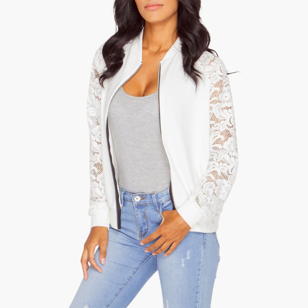 Women's Zip Up Jacket with Ribbed Sleeves - Olytrend