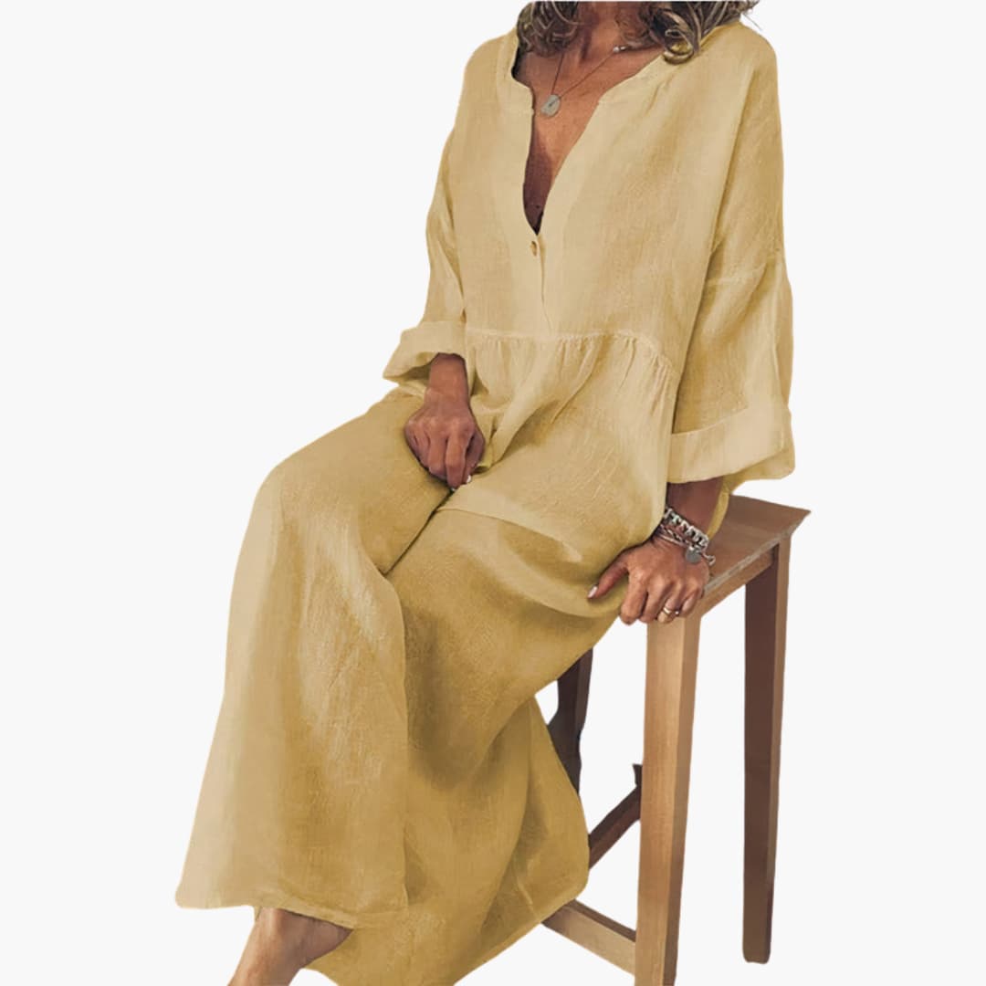 Ladies' Classic Front Button Dress with Long Sleeves - Olytrend