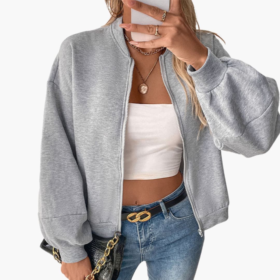 Comfy Women's Zip Up Bomber Jacket with Puffy Sleeves - Olytrend