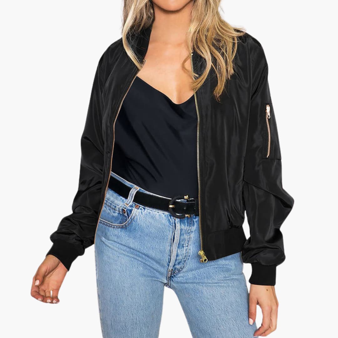 Ladies' Vintage Zip Up Bomber Jacket with Pockets - Olytrend