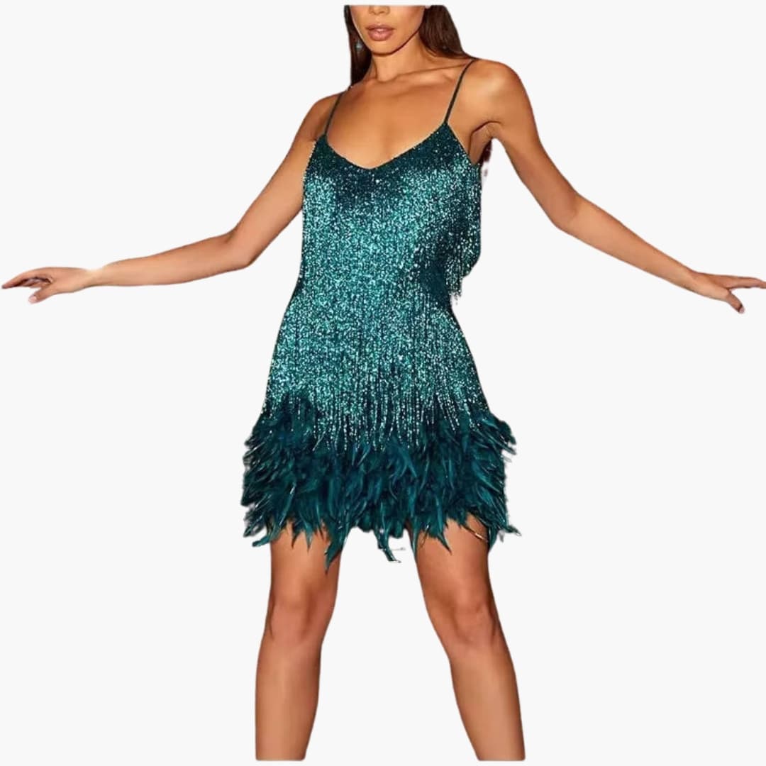 Ladies' Party Dress with Tassel Trim and Fluffy Edge