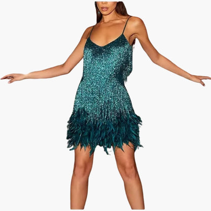Ladies' Party Dress with Tassel Trim and Fluffy Edge