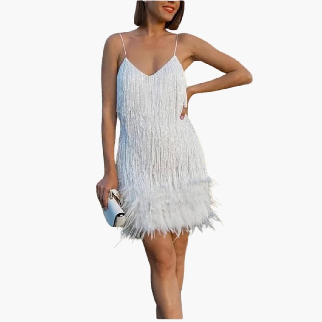 Ladies' Party Dress with Tassel Trim and Fluffy Edge