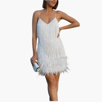 Ladies' Party Dress with Tassel Trim and Fluffy Edge