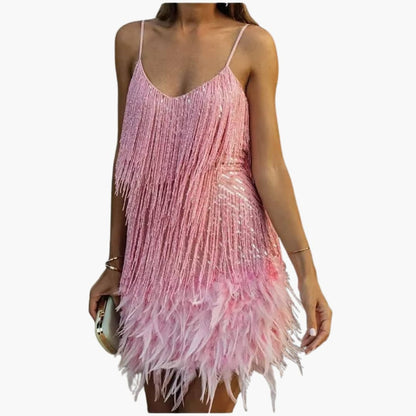 Ladies' Party Dress with Tassel Trim and Fluffy Edge - Olytrend