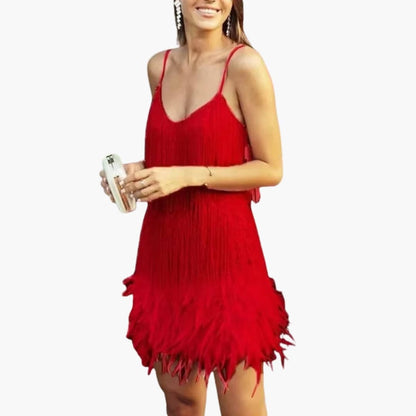 Ladies' Party Dress with Tassel Trim and Fluffy Edge