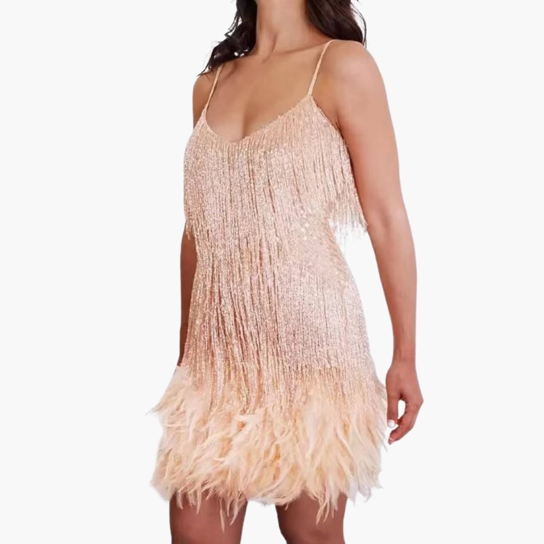 Ladies' Party Dress with Tassel Trim and Fluffy Edge
