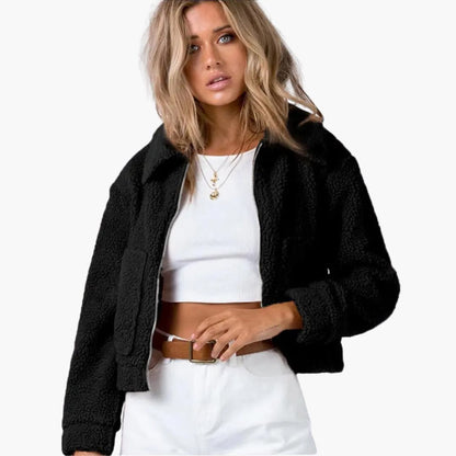 Women's Short Fleece Bomber Jacket with Zip Closure