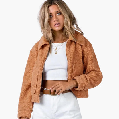 Women's Short Fleece Bomber Jacket with Zip Closure - Olytrend