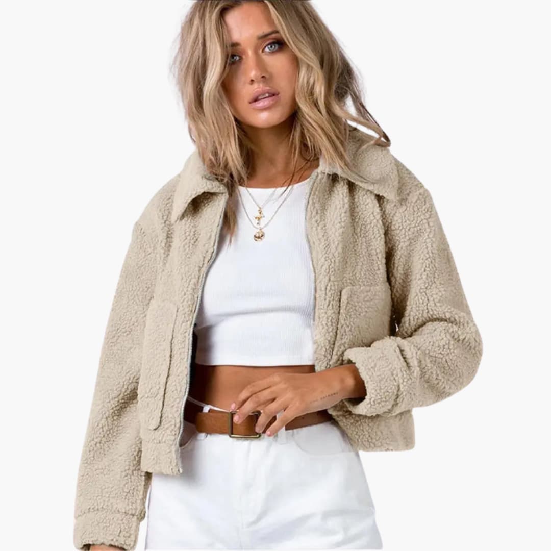 Women's Short Fleece Bomber Jacket with Zip Closure