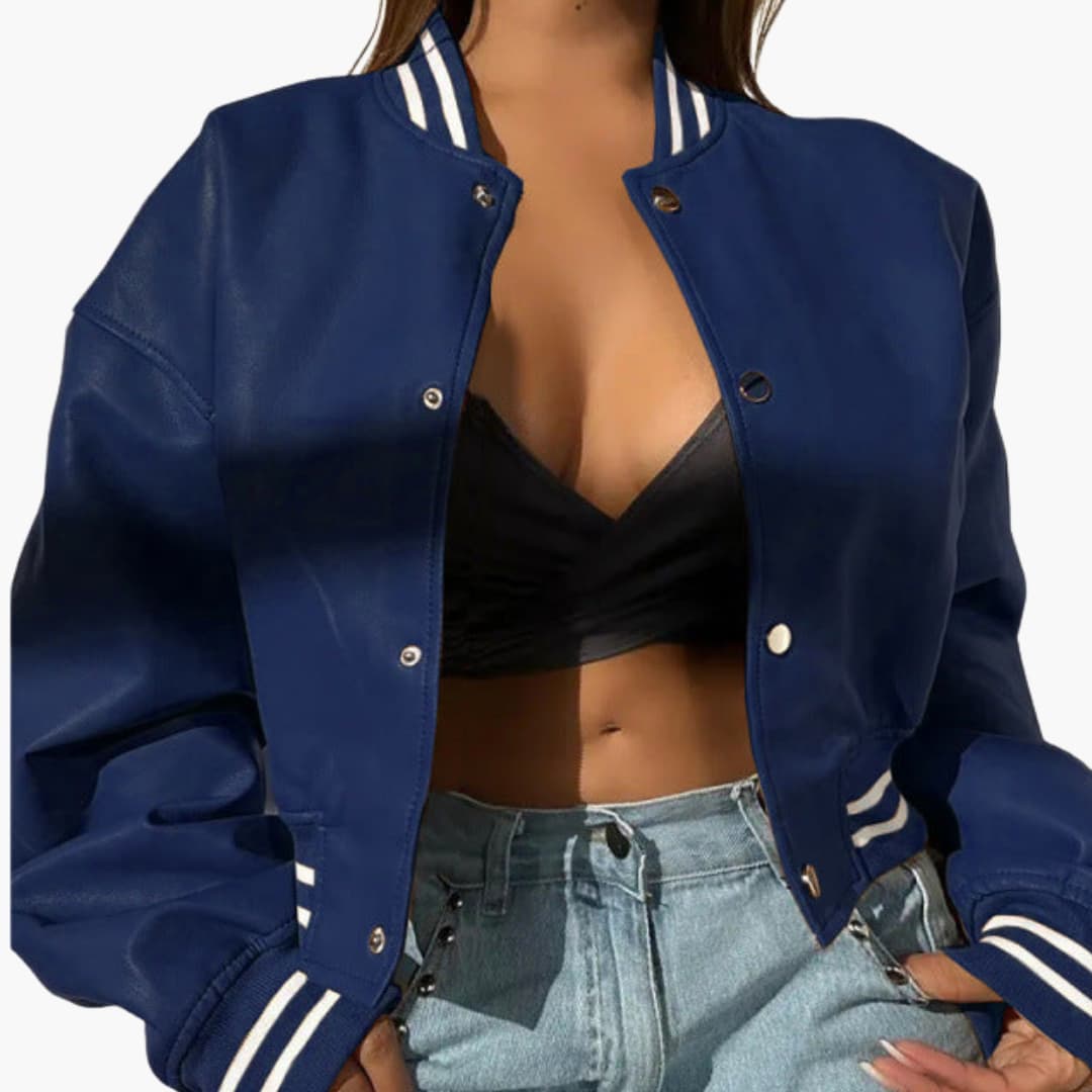 Feminine Short Bomber Jacket with Easy Snap Buttons - Olytrend
