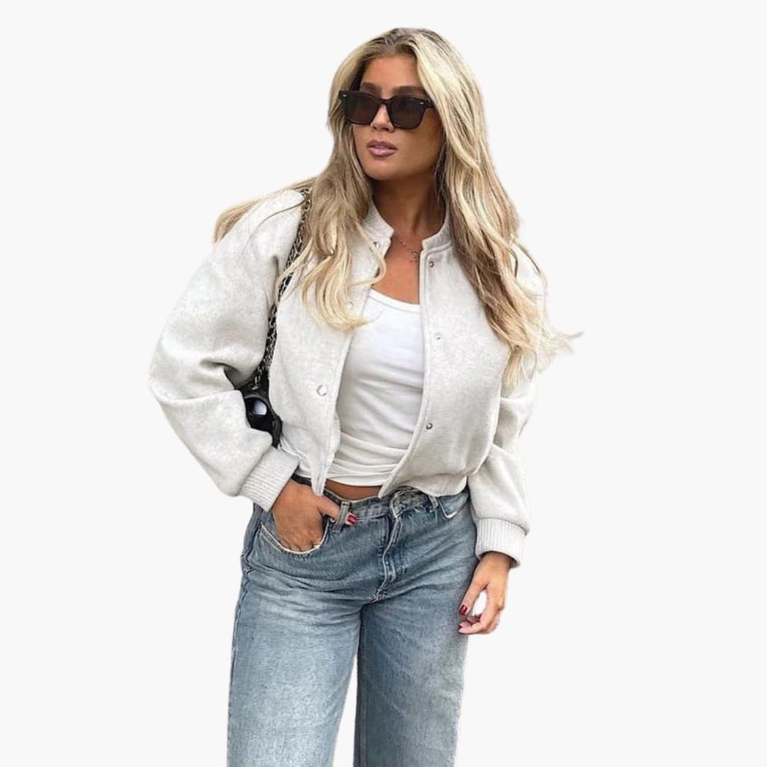 Ladies Short Bomber Jacket with Zip Front - Olytrend