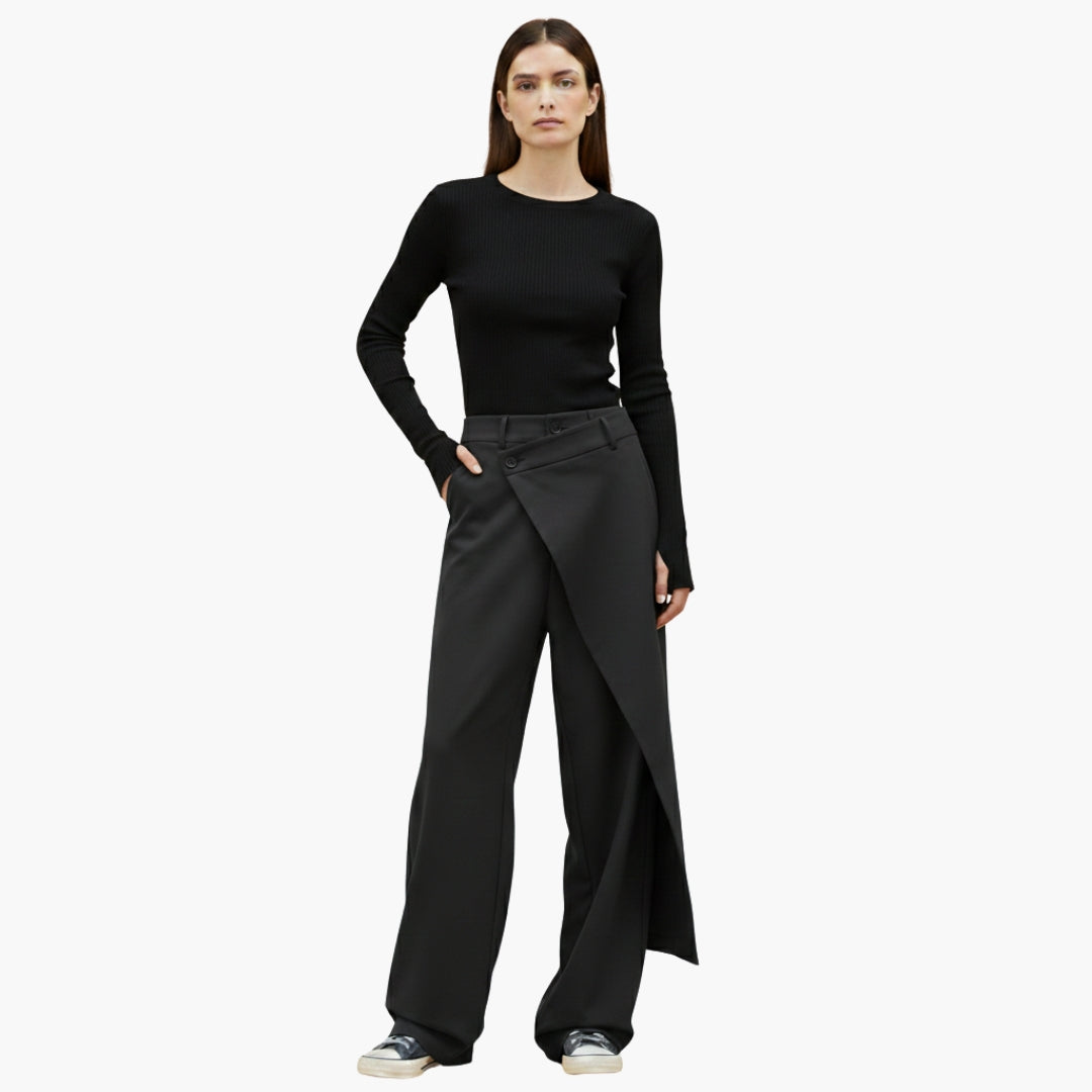Ladies Slim Fit Trousers with Ruffle Detail and Button