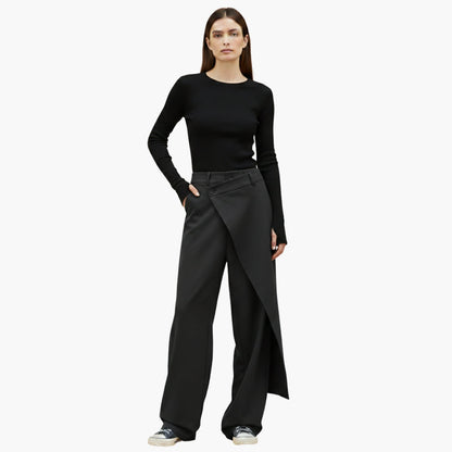 Ladies Slim Fit Trousers with Ruffle Detail and Button
