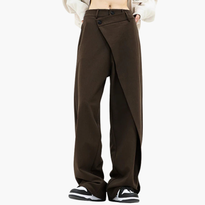 Ladies Slim Fit Trousers with Ruffle Detail and Button