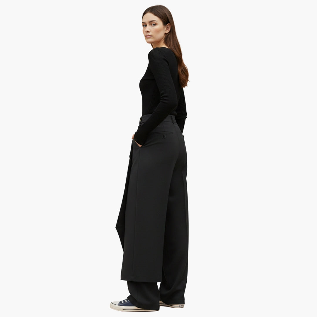 Ladies Slim Fit Trousers with Ruffle Detail and Button