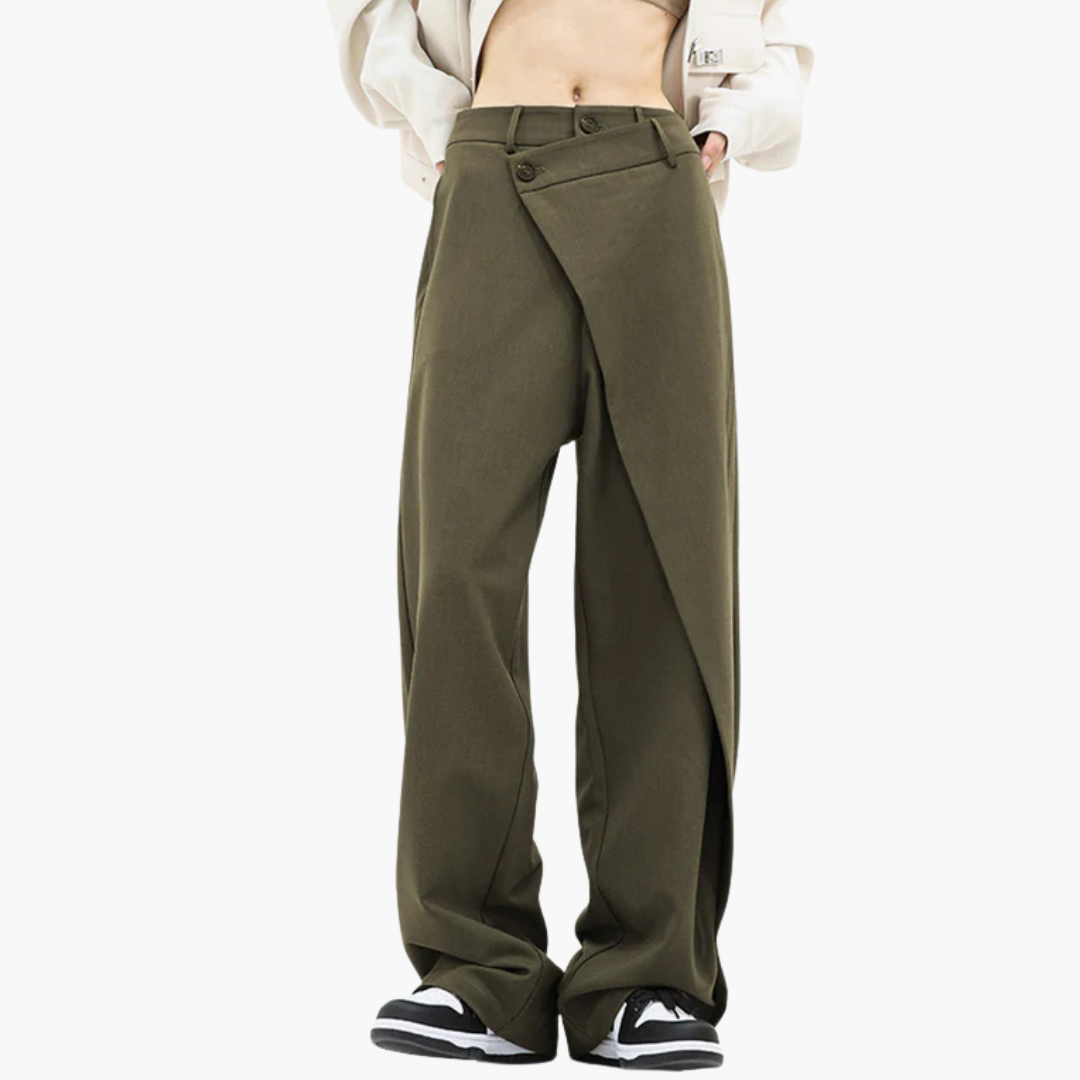 Ladies Slim Fit Trousers with Ruffle Detail and Button
