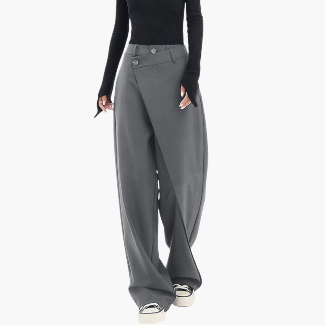 Ladies Slim Fit Trousers with Ruffle Detail and Button