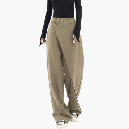 Ladies Slim Fit Trousers with Ruffle Detail and Button