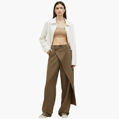 Ladies Slim Fit Trousers with Ruffle Detail and Button