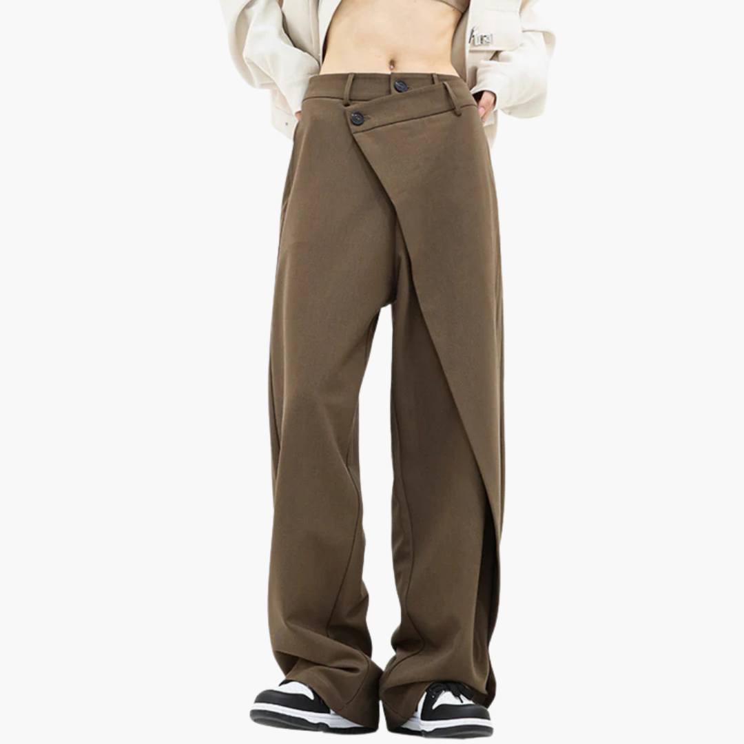 Ladies Slim Fit Trousers with Ruffle Detail and Button