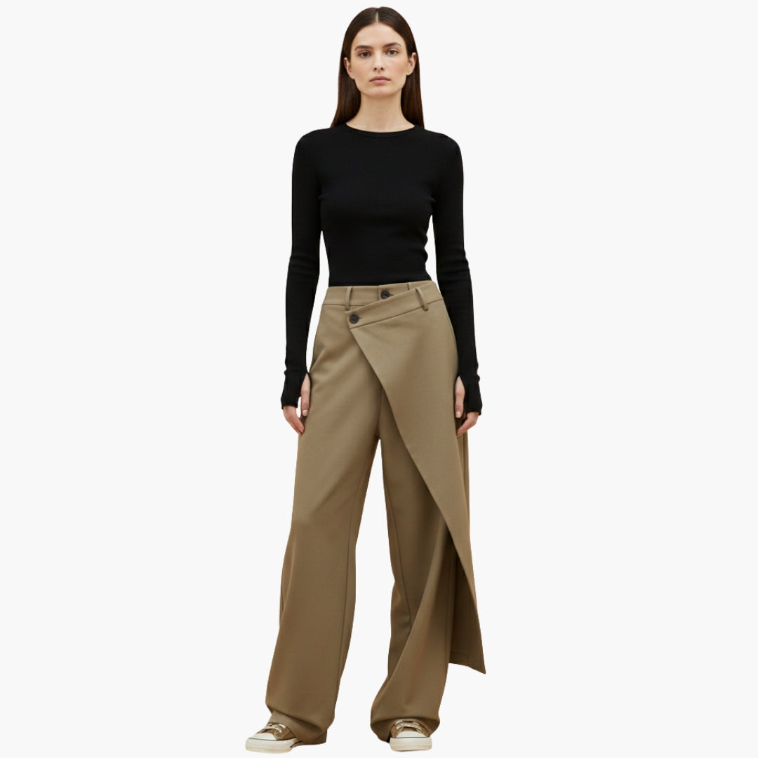 Ladies Slim Fit Trousers with Ruffle Detail and Button