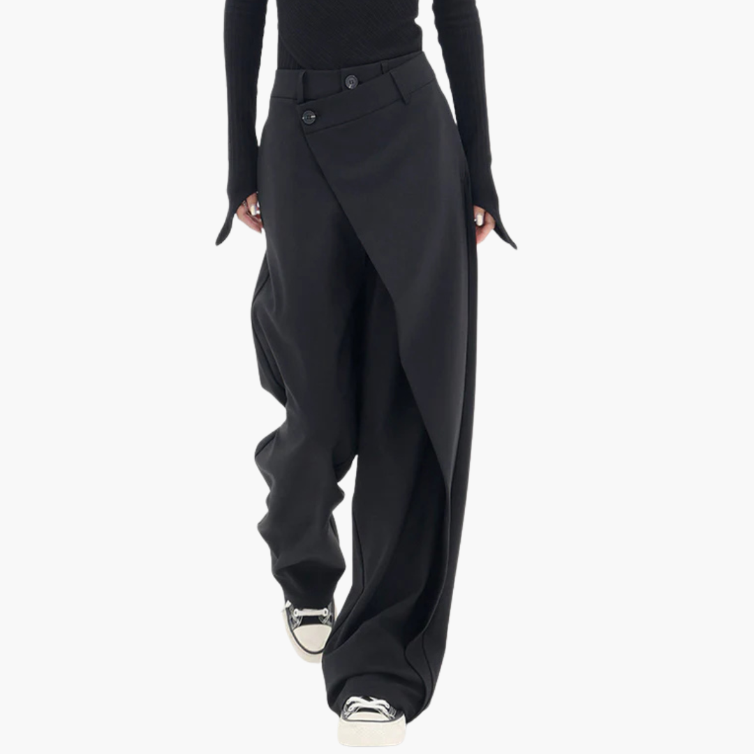Ladies Slim Fit Trousers with Ruffle Detail and Button - Olytrend