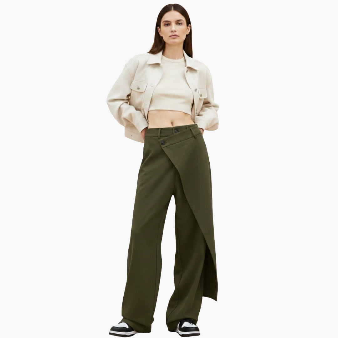 Ladies Slim Fit Trousers with Ruffle Detail and Button